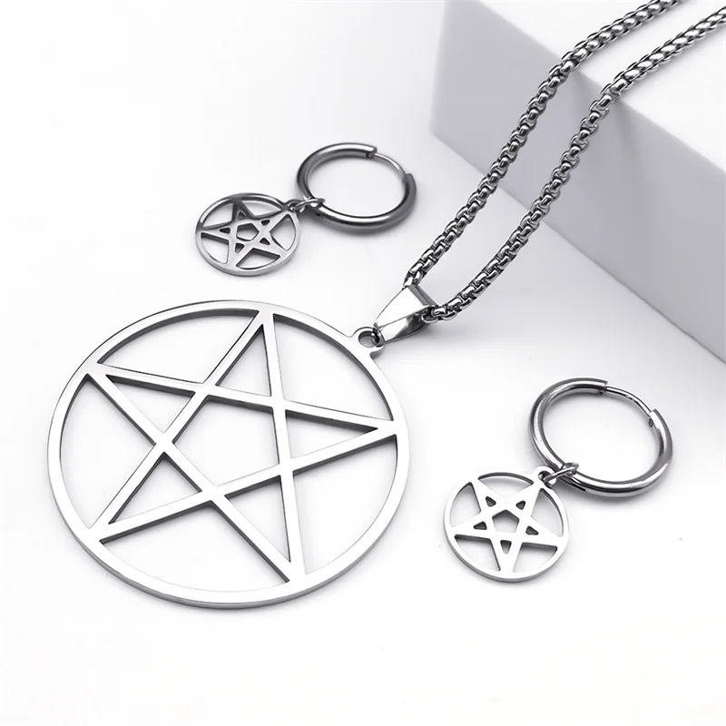 Edelstahl Pentagramm Pentakel Stern Halskette für Damen und Herren Punk Hoop Ohrringe Ring Armband Schmuckset Conjuntos De Joyas – Detail 11