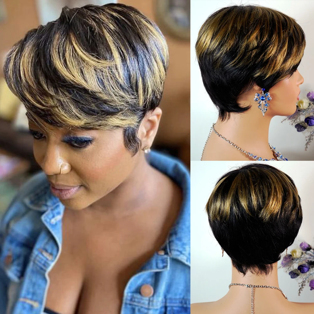 

100% Remy Bob Human Hairs Black Mixed Golden Short Pixie Cut Layered Human Hair Wig for Women Afro Machine Made Natural Wigs