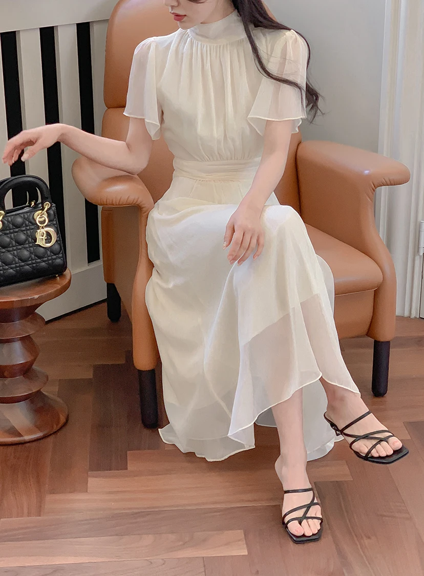 Elegant Solid Midi Dresses for Women Ruffles Half-high Collar A-line Office Lady Casual Korean Fashion Autumn Vestidos Mujer New