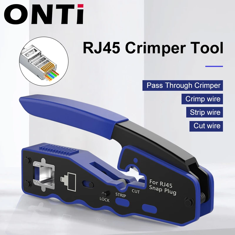 Onti Rj45 Pass Through Crimper Tool e Rj45 Connector Ethernet Crimping Tool Wire Stripper Cutter para Cat6a Cat5