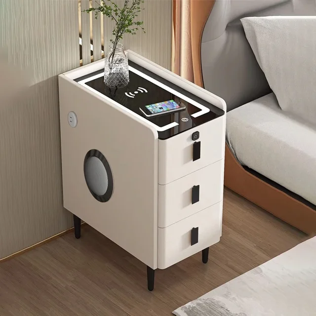 Tables de chevet intelligentes à 3 niveaux, armoire de chevet étroite en bois massif, rangement de luxe pour chambre à coucher, Table d'appoint minimaliste avec Station de recharge 1