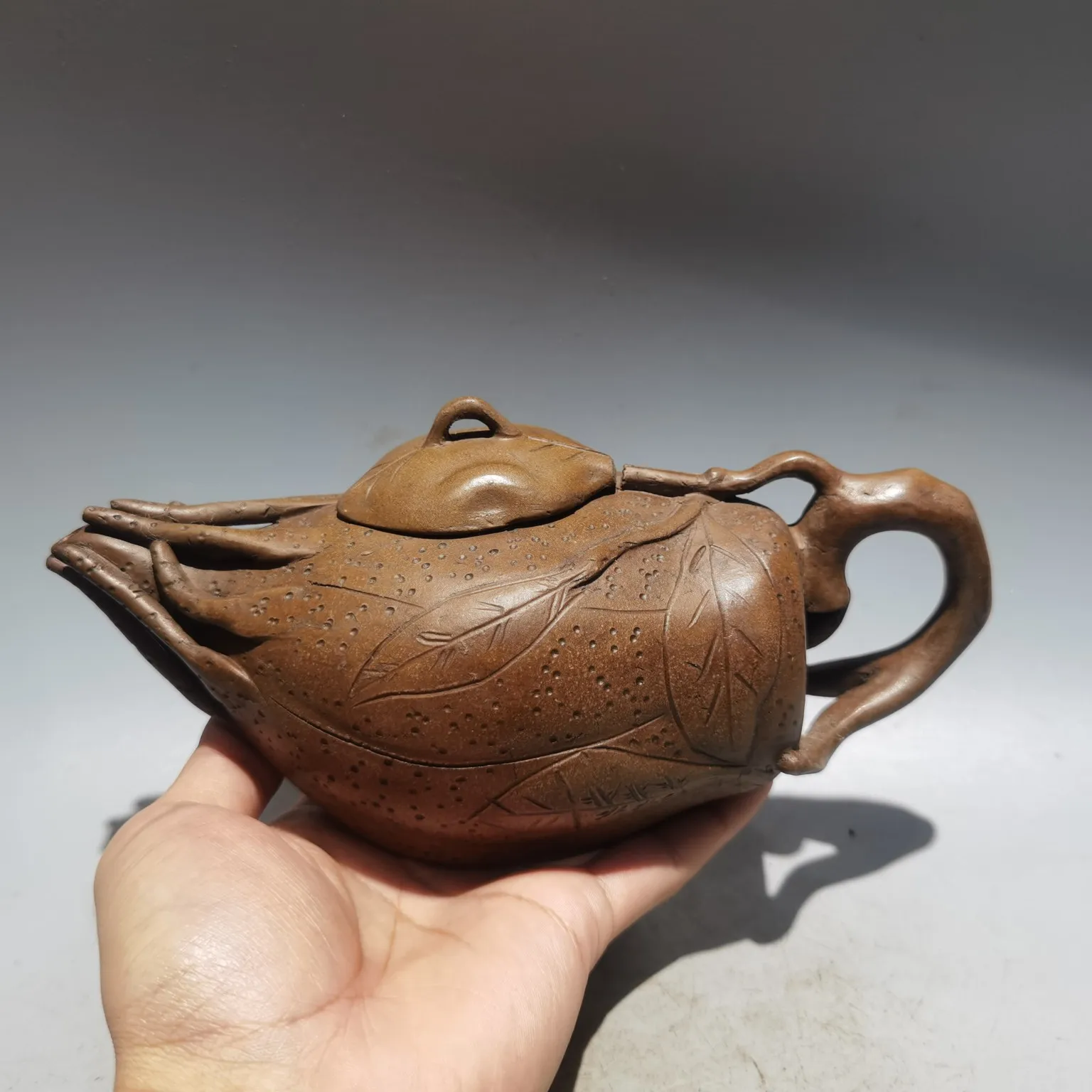 

9" Chinese Yixing Zisha Pottery lotus root shape lotus leaf pot teapot kettle cleaning mud office Ornaments Gather fortune