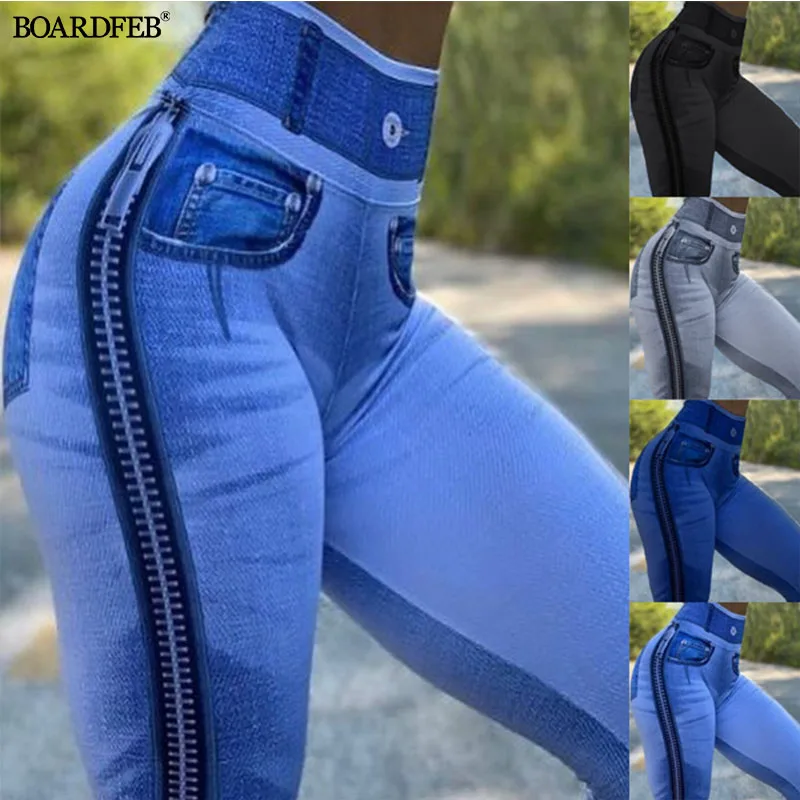 Women Faux Denim Leggings Lady High Waist Slim Elastic Seamless Skinny
