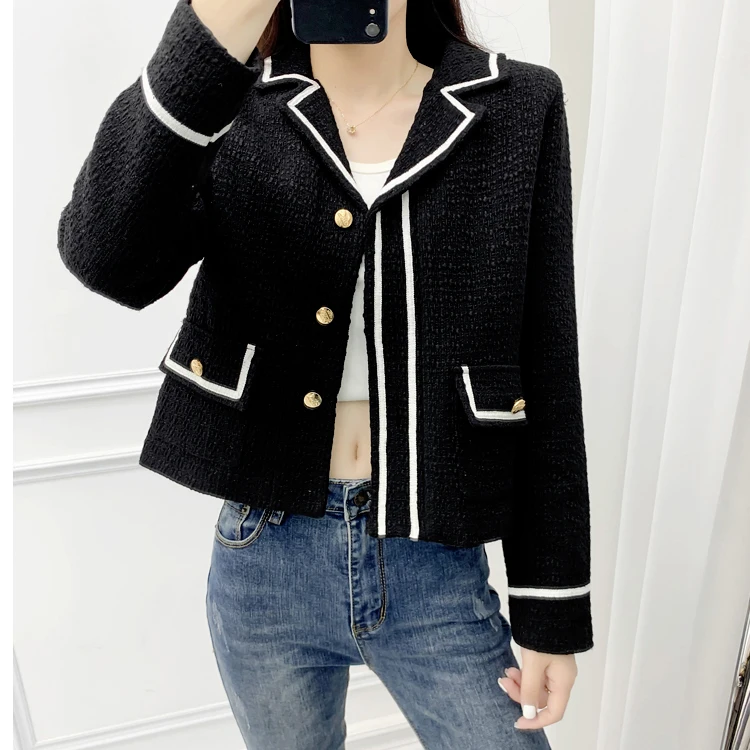 

JAMERARY notched single breasted black tweed jackets coats women