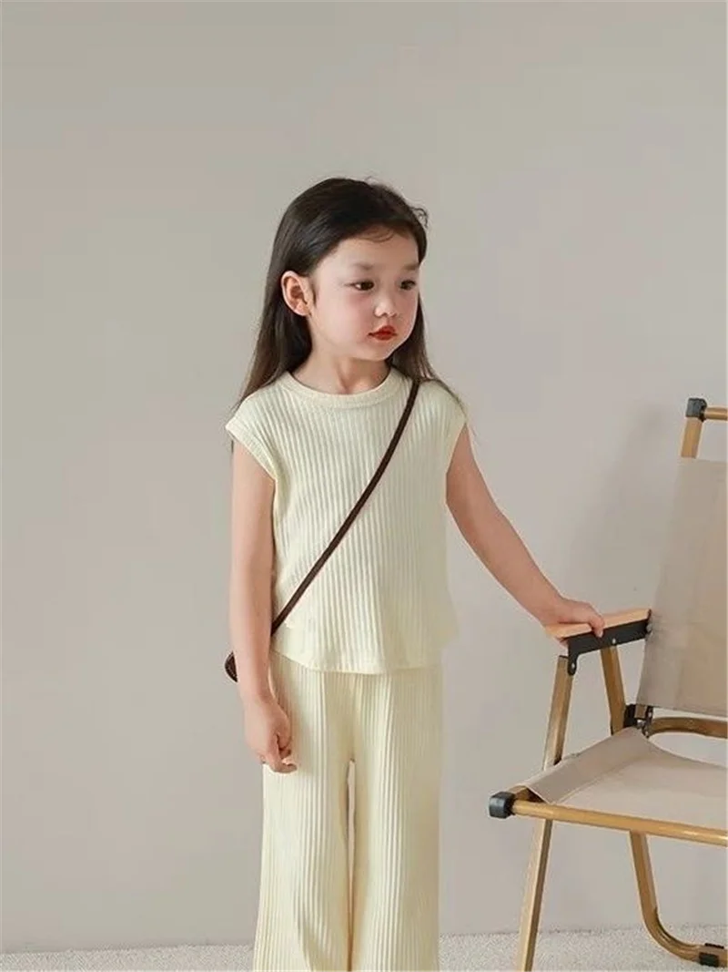Girls Clothing Sets Summer Fashion Sleeveless Suit Kids Cotton Tops+Pants 2Pcs Children Casual Solid Outfits 2-8 Years kids clothing set,girls clothing set