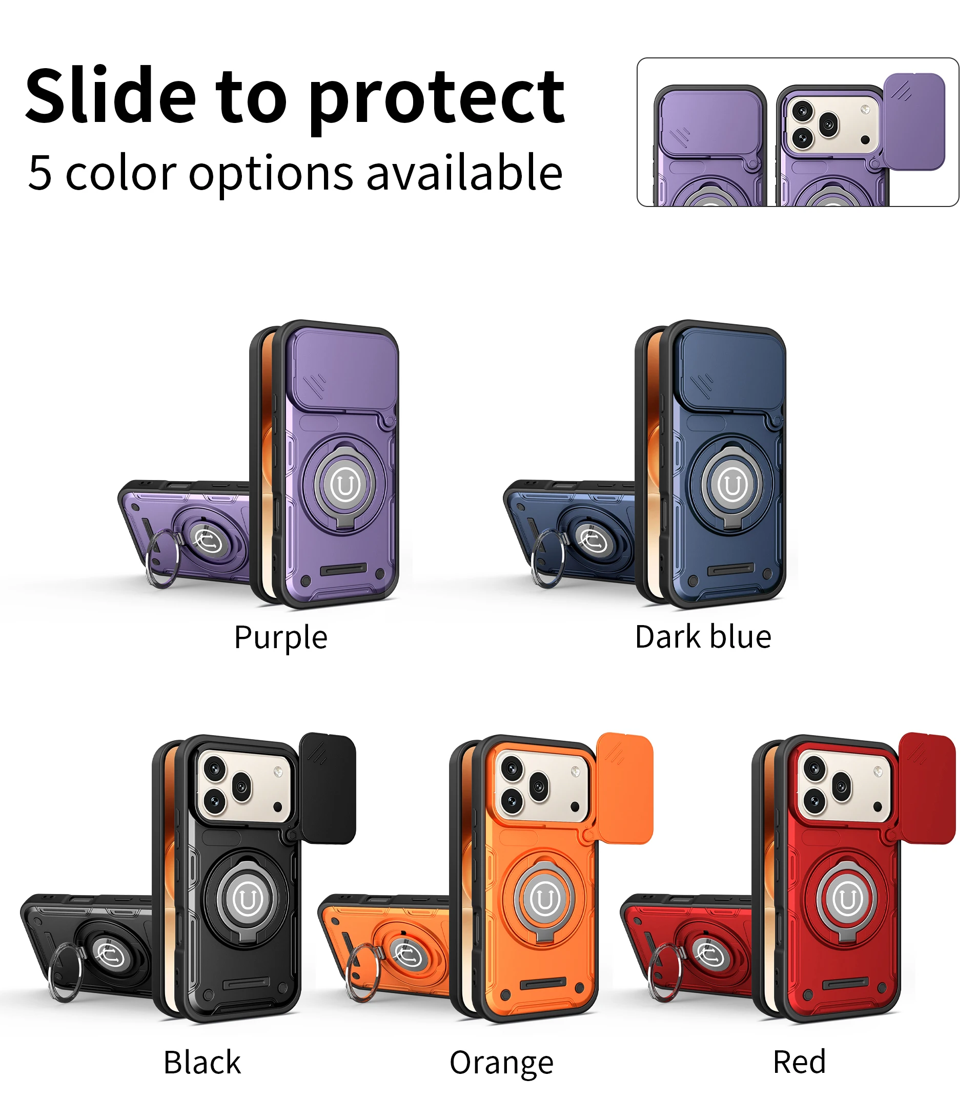 Magnetic 360° Ring Holder with Slide Camera Phone Case - Shockproof Stand Cover