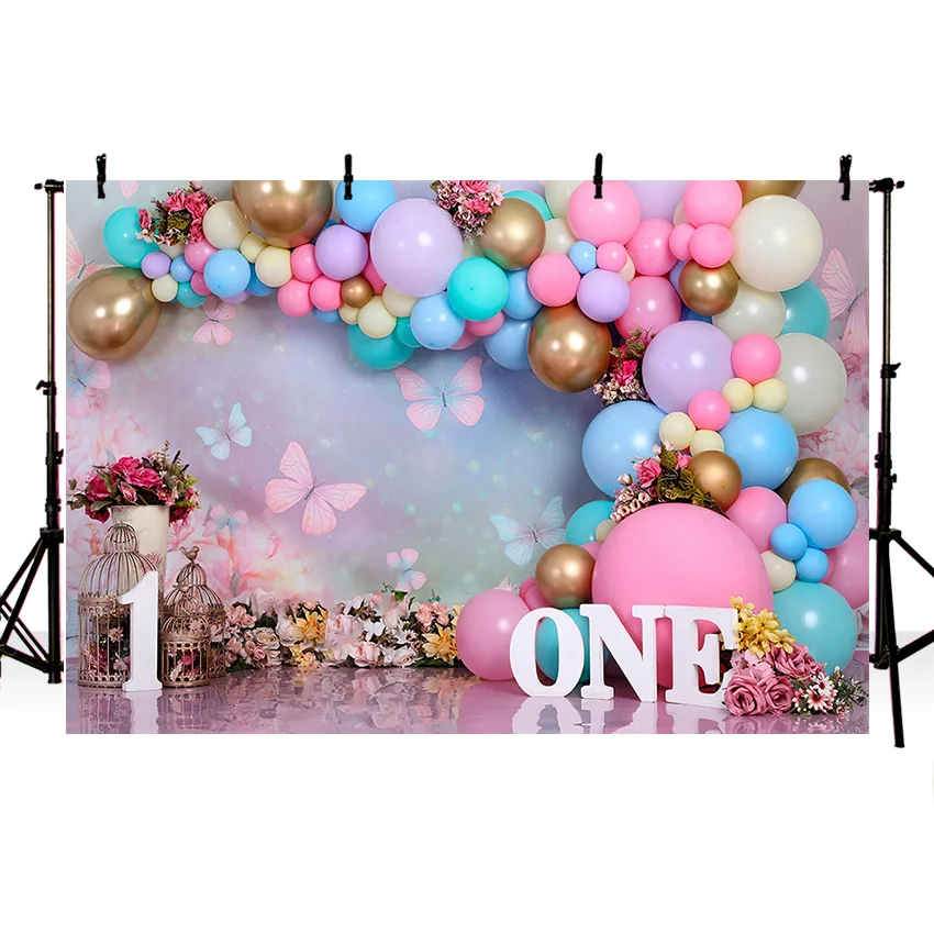 

Girl 1st Birthday Photography Background Wonderland Flowers Butterfly Balloons Baby Cake Smash Decor Backdrop Photo Studio