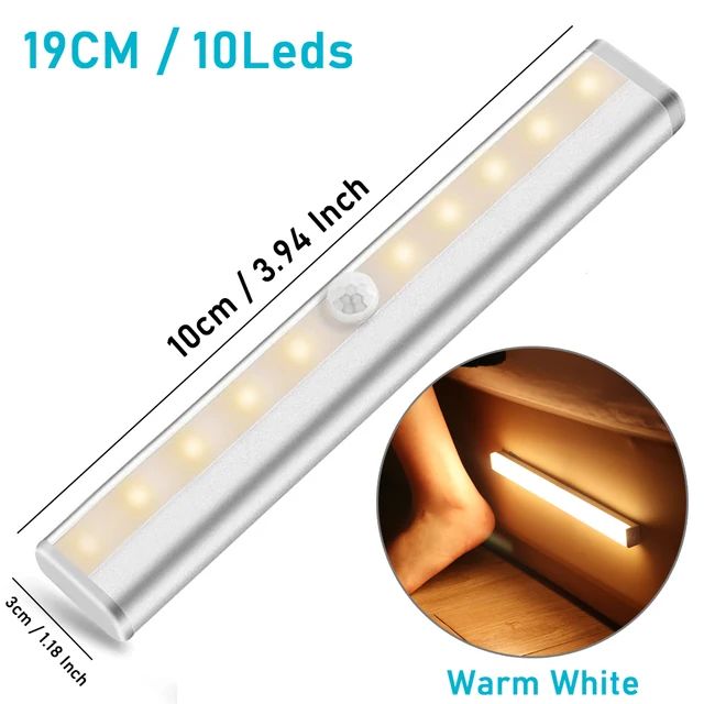 LED Under Cabinet Night Light With 6/10 LEDs PIR Motion Sensor Wireless Lamp for Closet Cupboard Wardrobe Bedroom Stairs Kitchen 19cm Warm White