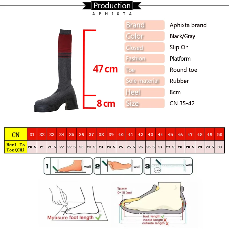 Aphixta Soft Fabric Women Knee Boots 8cm Square Heel Women Black Shoes Fashion Round Toe Modern Boots for Women Size 42