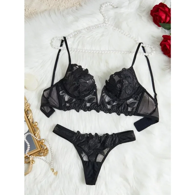 Fée Lingerie Floral Saint-Valentin Charme Slip Slip Sous-Vêtements Sexy Nuisette Fantaisie V Sous-Vêtements Ensemble Bref pour Dame Voir À Travers Le Soutien-Gorge