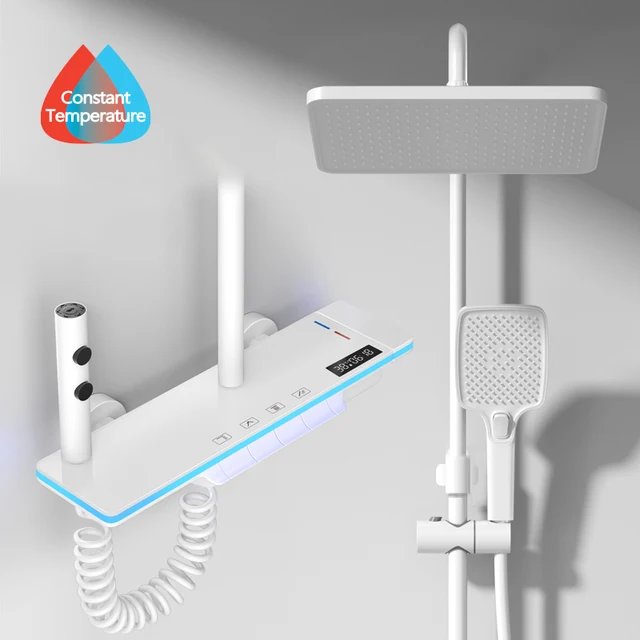 Bathroom Luxury Shower System with Lights Tempered Glass Piano Key Smart Digital Display Thermostat Mixer Shower Faucet Full Set 13
