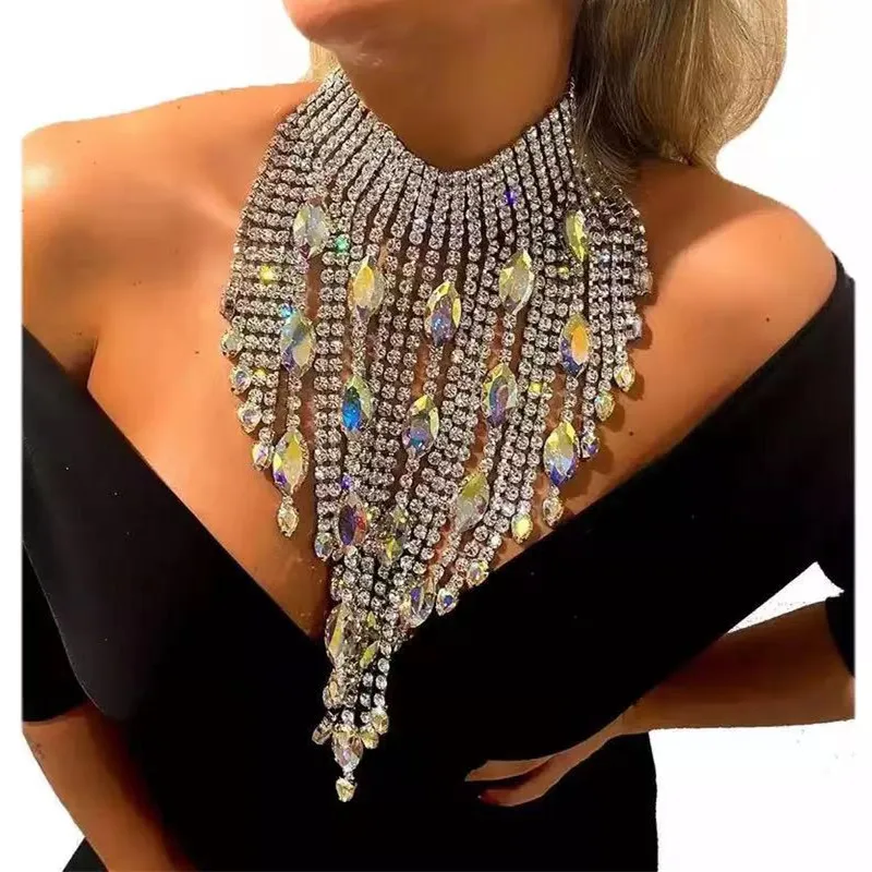 

Luxury AB Color Large Crystal Pendant Necklace Ladies Exaggerated Fashion Super Flash Rhinestone Long Tassel Necklace Jewelry
