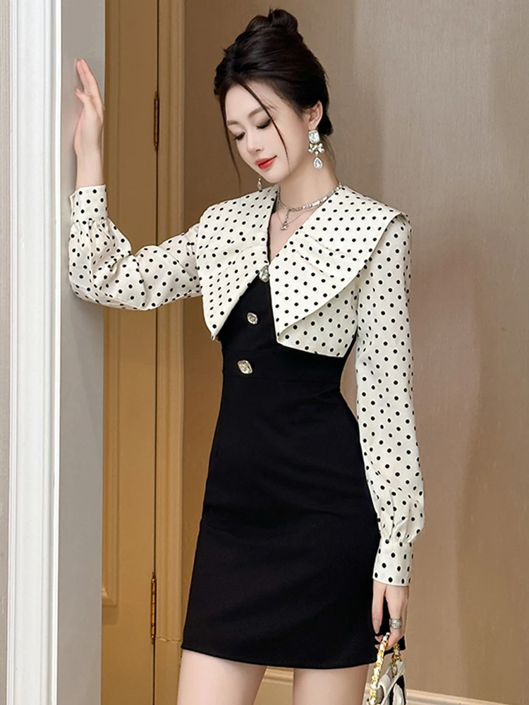 Women's Retro Dot Big Lapel Patchwork Mini Dress Female Sweet Cute Single  Breasted Bodycon Short Gown Lady Date Party Vestidos - AliExpress