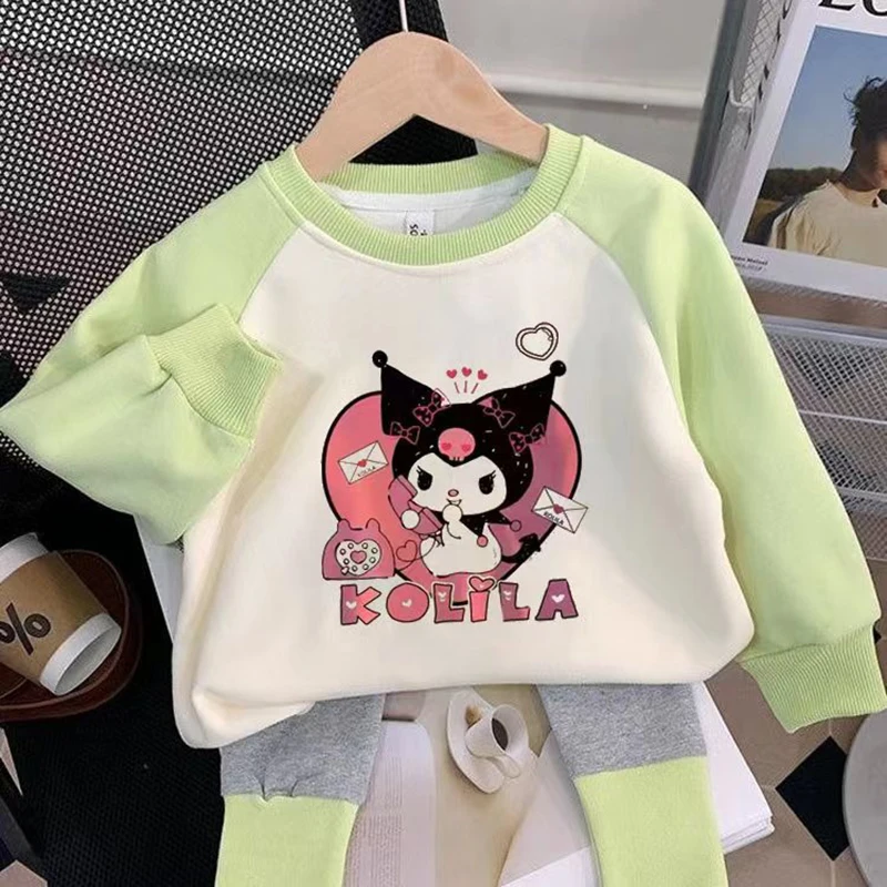 

Sanrio Kawaii Anime Kuromi Children Spring Autumn Long Sleeve Top Trousers Cute Sweet Cartoon Base Shirt Set Gifts for Girls