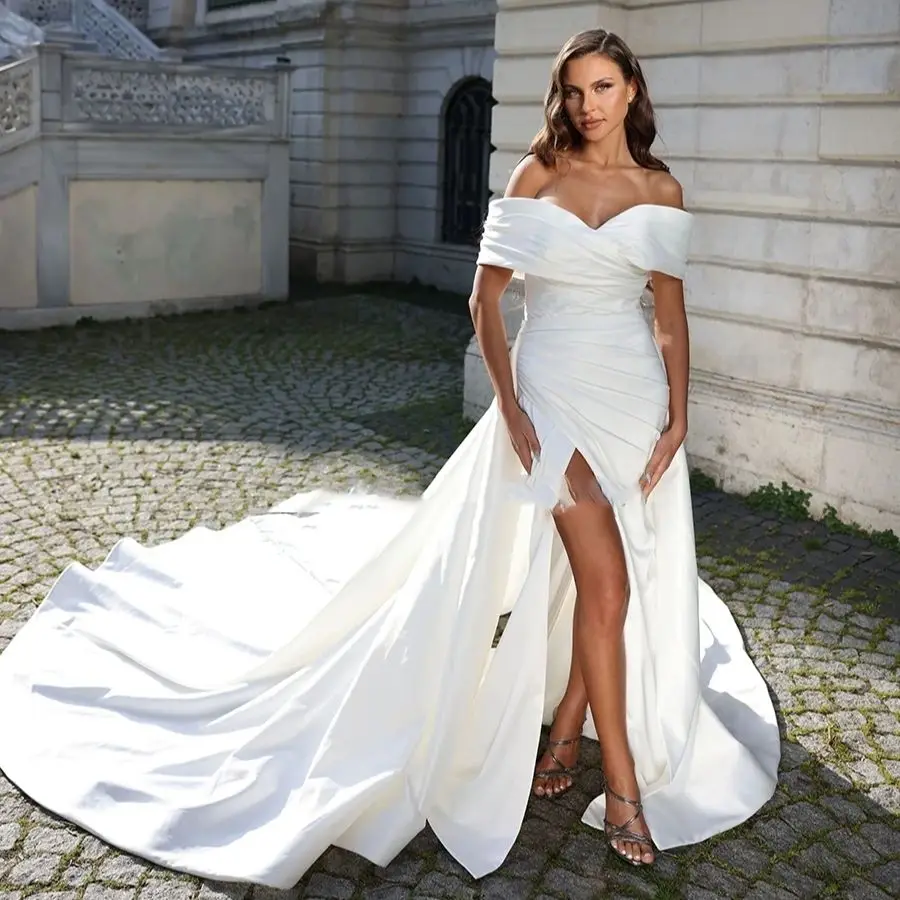 

A-line Off Shoulder Bride Dresses Sexy Backless Robe De mariee High Slit Charming RCustomize Measure Stunning Bridal Gowns 2024