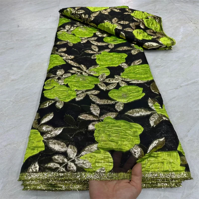 

Африканская парчовая жаккардовая ткань, Модный цветочный дамасский цвет, нигерийский кружевной материал с позолотой, брокард Tissu, 5 ярдов, зеленый