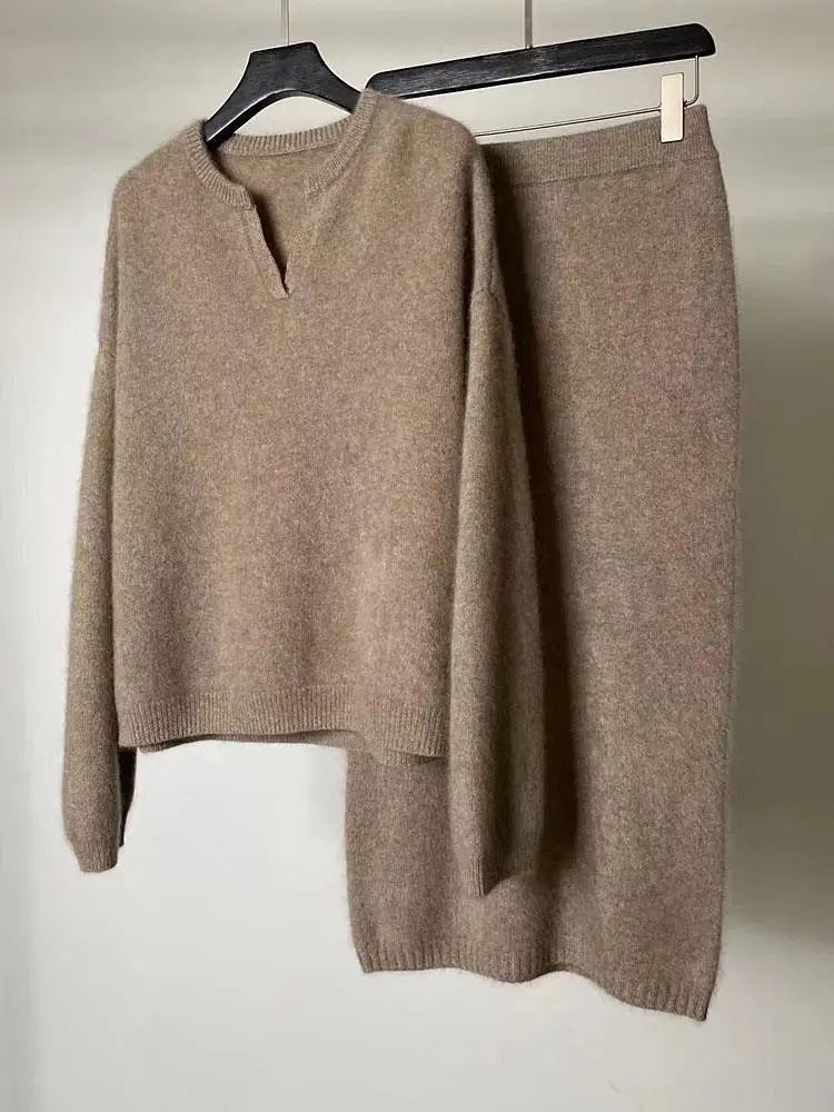 

New Korean Knitted Sweater Set Autumn Winter Women's Solid Knitted Pullover High Waisted Skirt Two Piece Sets Womens Outifits