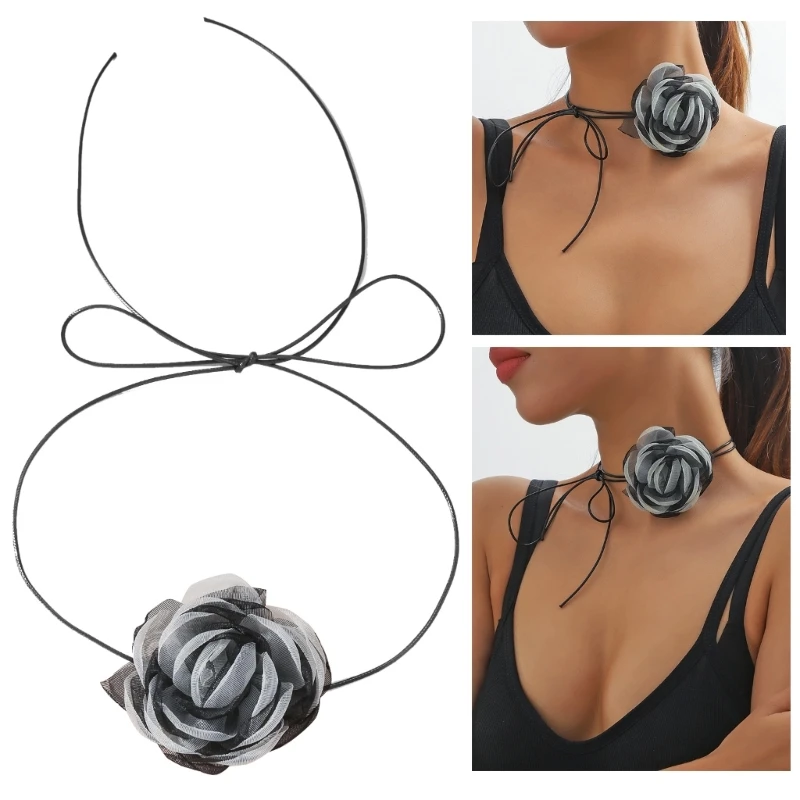 Simple Fabric Flower Long Ribbon Choker Necklaces Neckband Clavicle Chain Choker Party Gift Girl Fabric Flower Necklaces