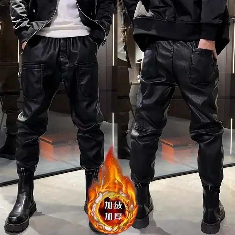 2024 Winter High-end Trend Fleece Thickened Leather Pants Men's Waterproof Casual Pants Six Pocket Biker Rider Small Foot Pants