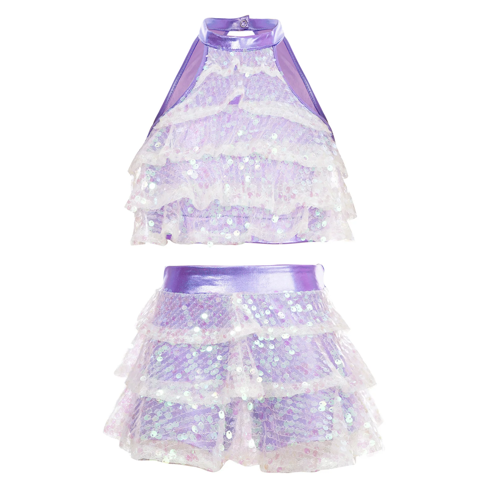 thumbnail image 1 of Chicas moderno Jazz Latino Salsa Samba Rumba danza traje de actuación metálico brillante lentejuelas Crop Top con falda pantalones cortos Culottes, 1 of 5