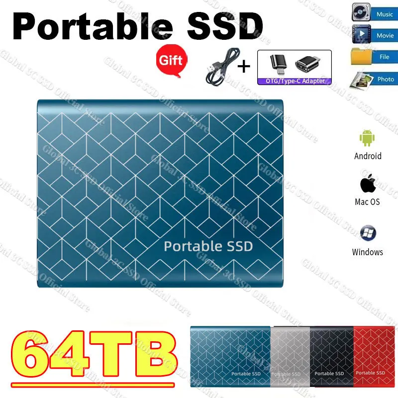 

Portable SSD 1TB/2TB External Solid State Drive USB 3.0/Type-C Hard Disk 16tb High-Speed Storage Device For Laptops/Desktop/Mac