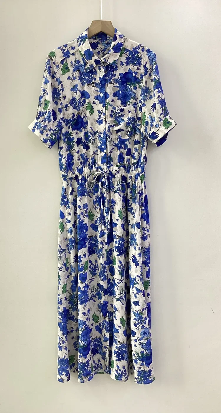 

Женское винтажное платье средней длины, синее платье из 2024 вискозы с цветочным принтом, поясом на резинке, отложным воротником и коротким рукавом, лето 100%