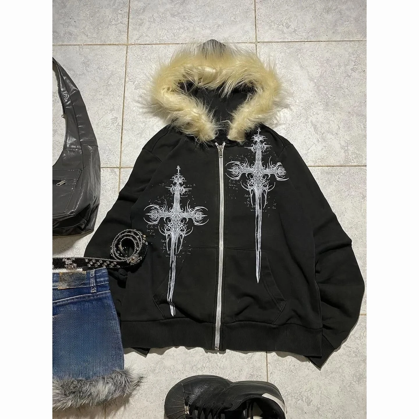 2026 Spring Punk Gothic Y2k Fur Hooded Coat Grunge Aesthetics