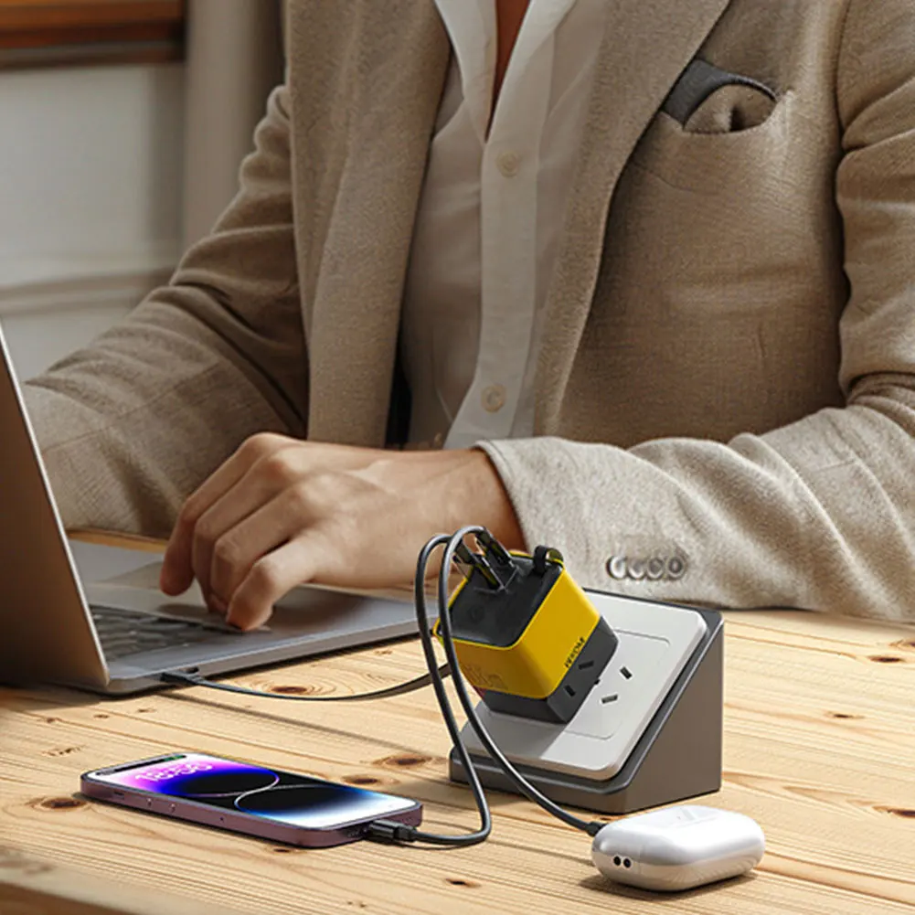 3 in 1 Fast Charger Portable Adapter 80w Max Retractable Phone with Type-C Cable and 2 USB Ports Quick Charger GaN Charger