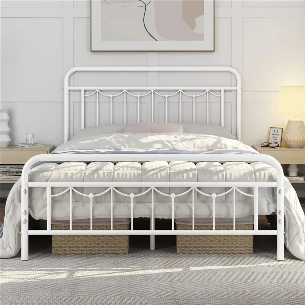 Queen Size Bed Frame, Vintage Headboard, Heavy Duty Steel Slat Support, Ample Under-Bed Storage, Queen Size Bed Frame