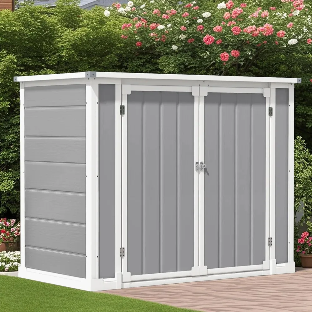 Resin Storage Shed, 41 Cubic Foot Small Outdoor Shed with 3 Doors and Floor, 306 Gallon Deck Box Waterproof