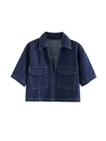 TRAF 2024 Women's Fashion Flip Pocket Decoration Short Flip Collar Slim fit denim Top + Asymmetric Denim Skirt 2 Piece Set 2
