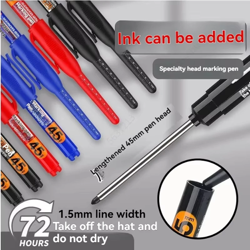 12Pcs Multi-Purpose 45mm Deep Drill Hole Long Nib Waterproof Marker Pens for Bathroom Woodworking