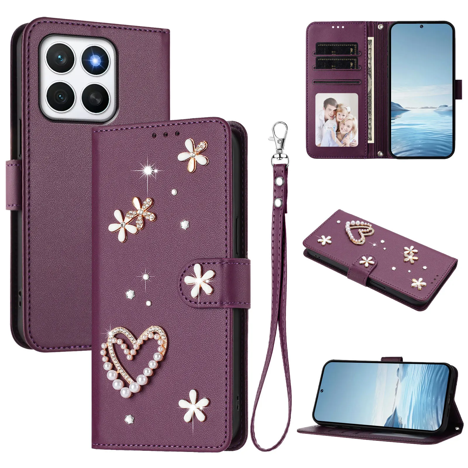 Sparkling Jeweled Leather Phone Case with Lanyard and Cardholder Wallet