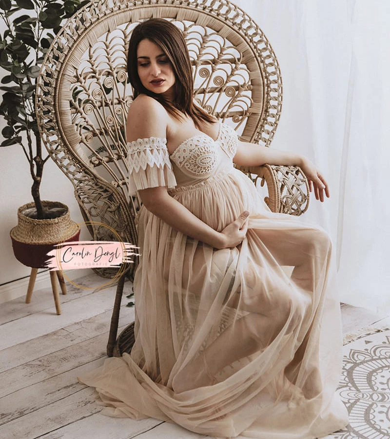 

Boho Champagne Maternity Photography Robes Sexy See Thru Lace Pregnant Women Dresses Floor Length Swwetheart Baby Shower Gowns