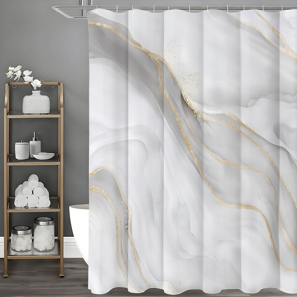 White Gray Marble Flow Art Shower Curtain, Bathroom Decorative Shower Curtain, Waterproof Shower Curtain with Hooks
