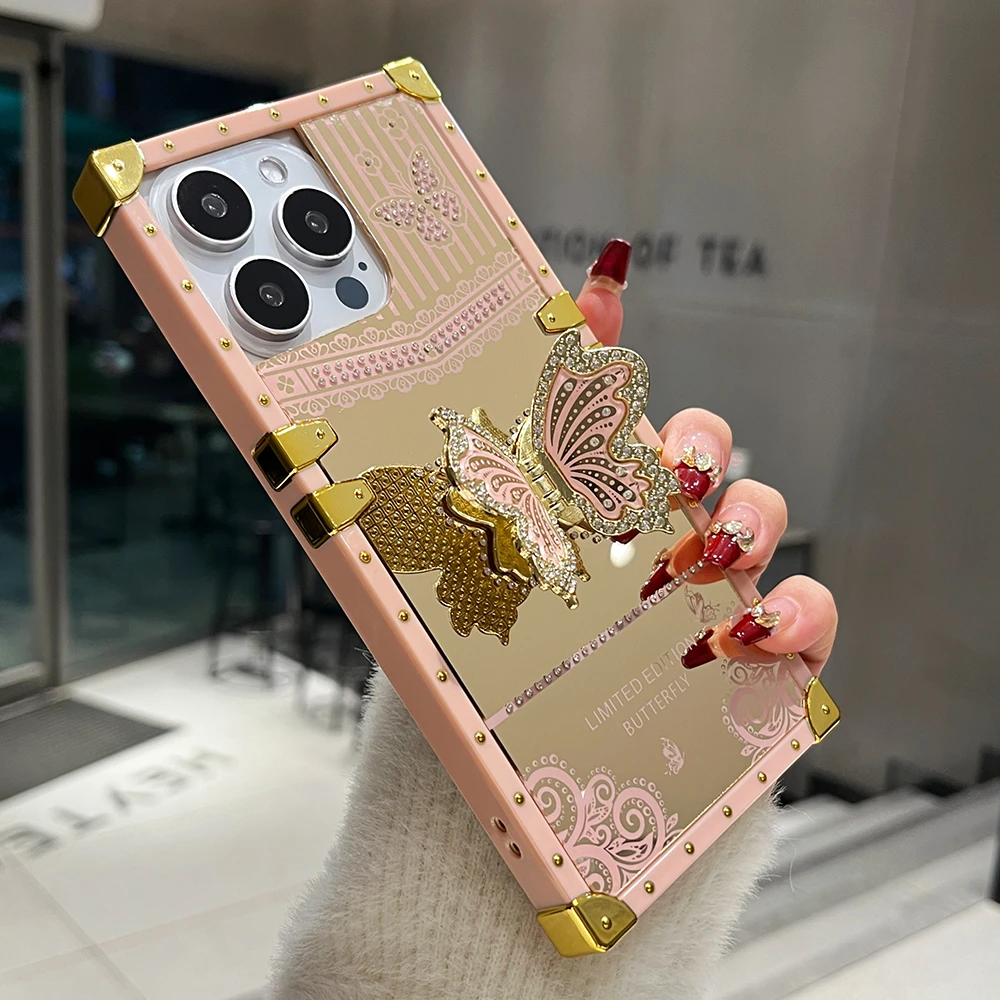 Luxury Diamond Butterfly Stand Phone Case with Mirror Shockproof Protection