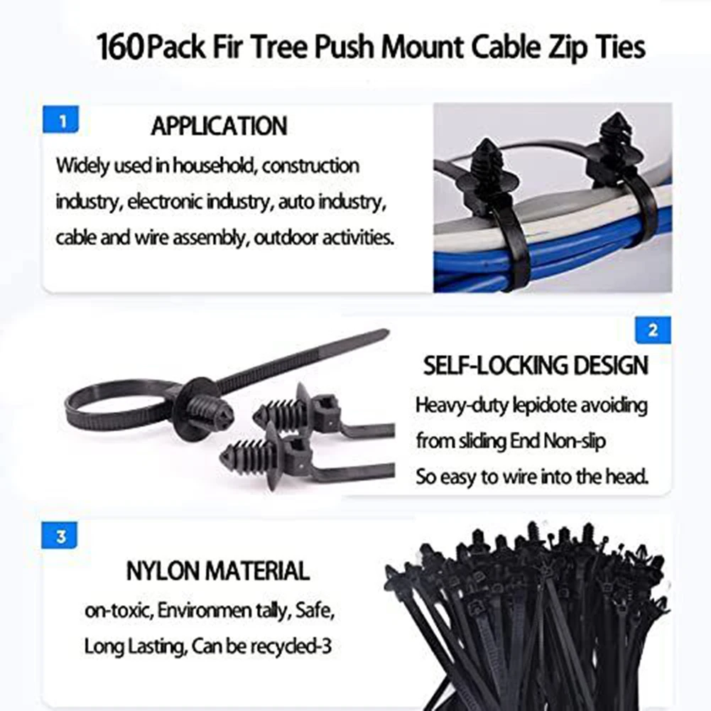Car Cable Ties 160Pcs Car Universal Nylon Push Mount Cable Zip Ties Wrap Fixed Fastener Clips Mount Wire Self Locking Wire Strap Fastening Zip