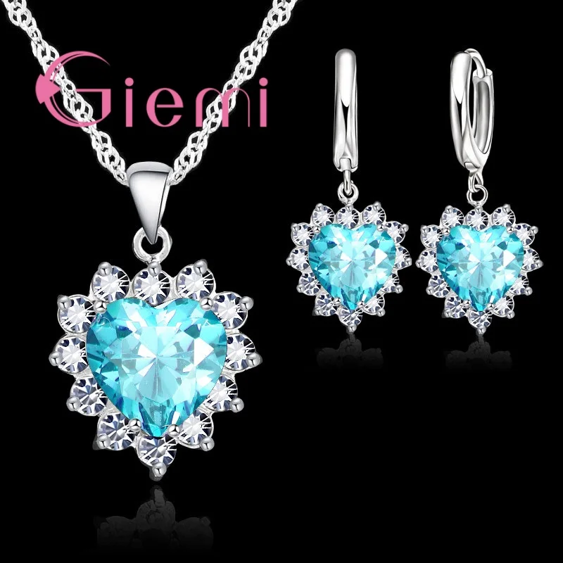 Silver Jewelry Sets 925 Sterling For Wedding Women Cubic Zirconia Pendant Necklace Earrings