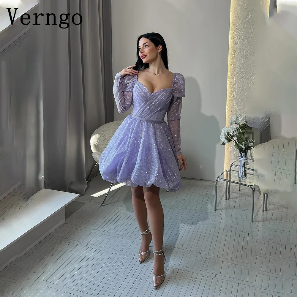 

Verngo Glitter Purple Short Prom Gown For Women Sweetheart Short Puff Sleeves Evening Dress Shiny A Line Prom Dress