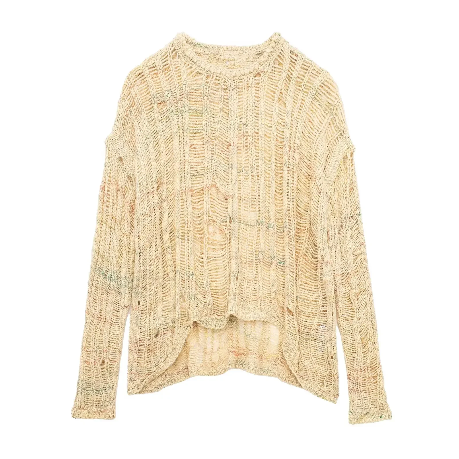 

Women's New Fashionable Perforated Decoration Loose Asymmetric Knitted Top Retro O-neck Long sleeved Women's Pullover Unique Top