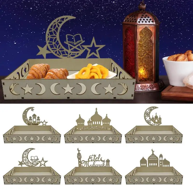 

Wooden Eid Mubarak Food Tray Moon Star Food Holder for Ramadan Kareem Muslim Home Party Table Eid Al Adha Decoration Gifts Craft