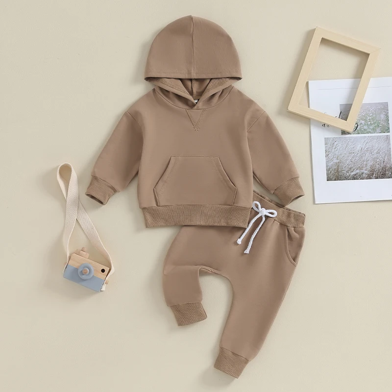

Toddler Baby Boy Girl Outfits Solid Color Hooded Pockets Hoodies Top and Pants Set 2Pcs Fall Winter Clothes