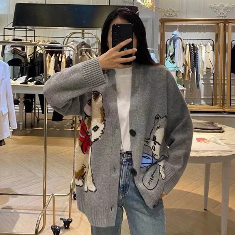 Women Knitted Cardigans Cartoon Cat Pattern Retro Korean Chic Long Sleeve V-neck Sweater Coat Fashion Outerwear Loose Female Top 4
