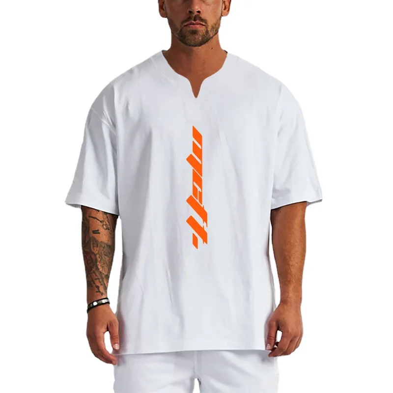 

Men's Summer Fashion Brand Large Size V-neck Letter Printed Bodybuilding Fitness Workout Half Sleeve T-shirt