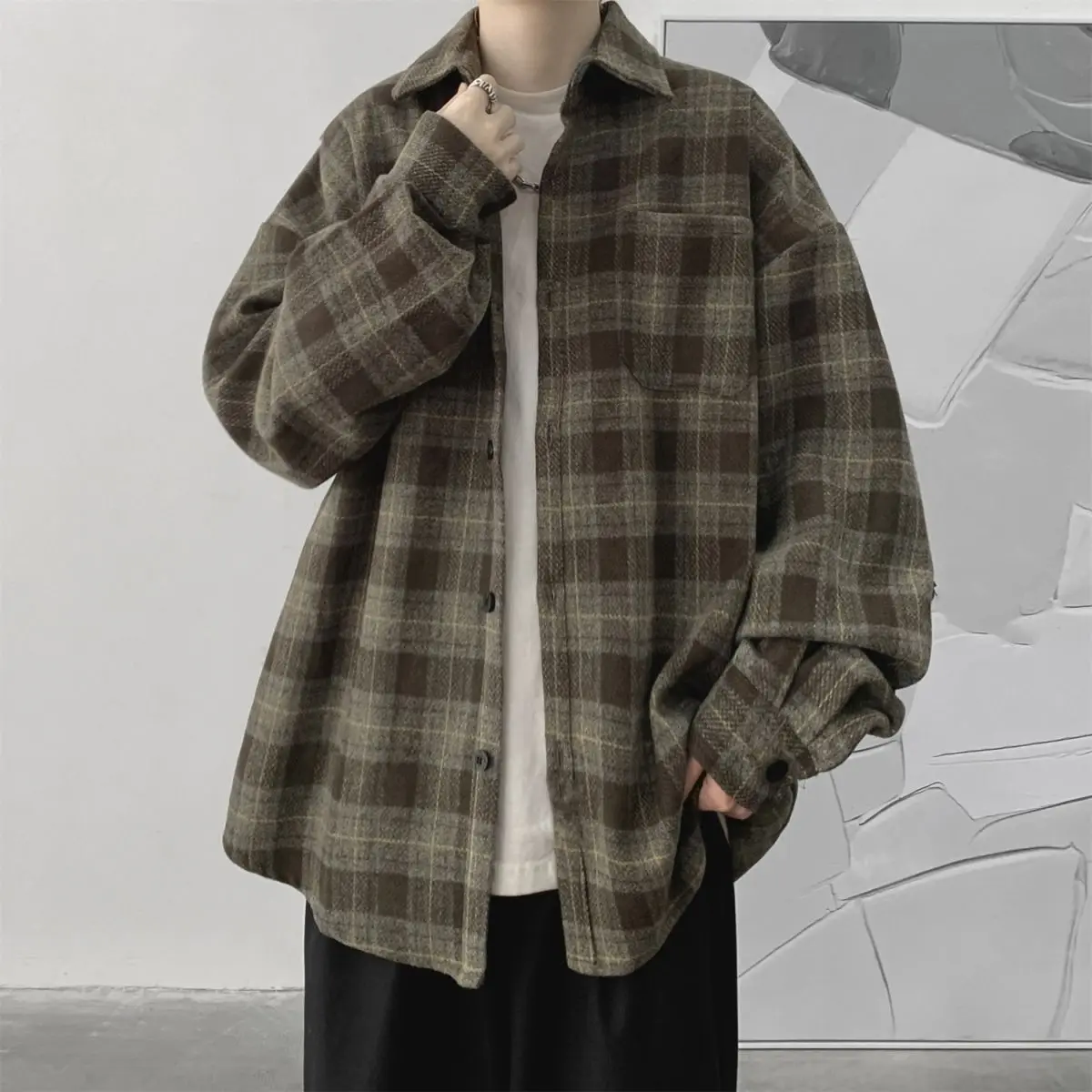 2023 Thick Plaid Shirt Men's Autumn and Winter Vintage Loose Long Sleeve Shirt High-end Feeling and Handsome Casual Coat