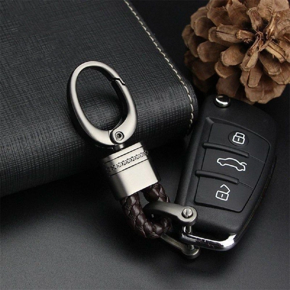 Horseshoe Buckle Keychain Metal Big Head with Pattern Woven Leather Rope Keyring Accessories Car Bag Pendant Ornaments Gift