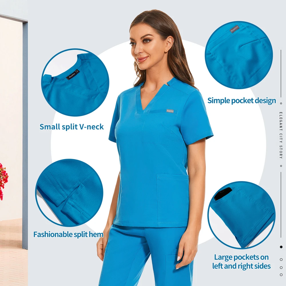 Medical Scrubs 8Colors Solid Vneck Pocket Scrub Shirt Hospital Uniform Women Men Scrub Blouse Surgical Clothes Joggers Top Medical Accessories