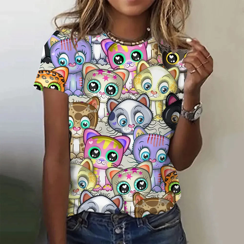 

Women's T-Shirts 3d Cartoon Cat Print Harajuku Fashion Short Sleeve O-Neck Loose T-Shirt Oversized Female Clothing Casual Tees