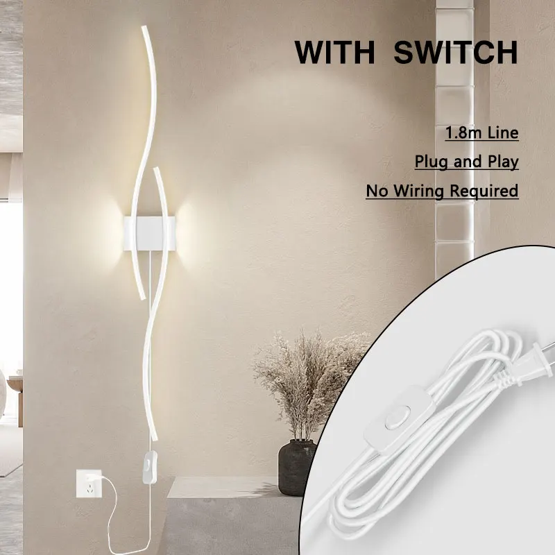 북유럽 블랙 화이트 LED 벽 조명, 플러그 포함, 침실, 거실, 실내 벽 조명기구, 복도, 가정용 벽 스콘스