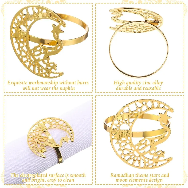1-6-12PCS Ramadan Eid Mubarak Napkin Rings Ramadan Table Decor Islamic Muslim Party Moon Star Napkin Buckle Eid Gifts Supplies